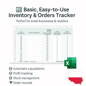 May include: A laptop screen displays a spreadsheet with columns for product codes, names, and quantities. The text reads "Basic, Easy-to-Use Inventory & Orders Tracker." Additional features include automatic calculations, profit tracking, stock management, and order records.