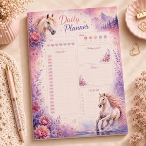 May include: A daily planner notepad featuring a watercolour-style design with two white horses, pink and purple flowers, and mountain scenery. The page includes sections for date, mood, schedule from 7 AM to 11 PM, today's goal, notes, and a to-do list.