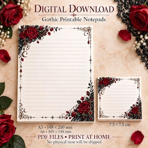 Pode incluir: Download digital de blocos de notas imprimíveis com rosas vermelhas, renda preta e motivos de lua crescente. Inclui uma folha grande pautada e uma folha quadrada pequena pautada. Texto: DIGITAL DOWNLOAD Gothic Printable Notepads, A5 148 x 210 mm, A6 105 x 148 mm, 7,5 x 7,5 cm, PDF FILES PRINT AT HOME.