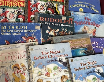 May include: A collection of vintage Little Golden Books with Christmas themes. Titles include "The Night Before Christmas," "Rudolph the Red-Nosed Reindeer," and "The Twelve Days of Christmas." The books feature colorful illustrations and classic holiday imagery.