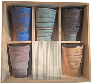 Striped Ceramic Tumblers Set - Rustic Boho Kitchen Cups, 10cm