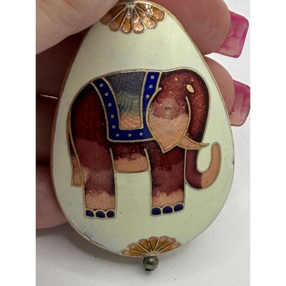 Vintage Cloison Enamel Elephant Pendant Double Sided Teardrop Rain Drop Jewelry