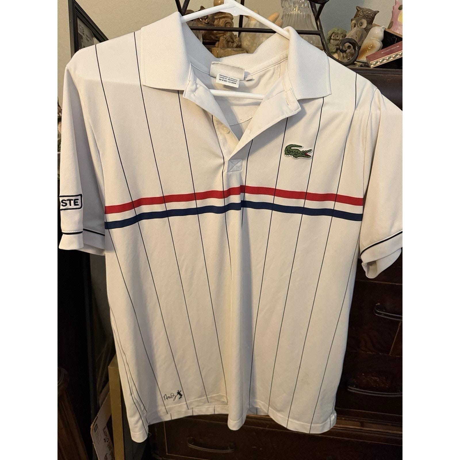 【LACOSTE】 ZIP-UP POLO SHIRT, RODDICK LACOSTE Andy Roddick Men's White Stripe Tennis Polo Shirt (M) Red