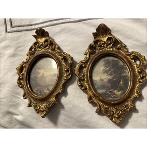 Ornate Oval Italian Carved Wood Gold Florentia Framed Art 8” Handmade Florentine