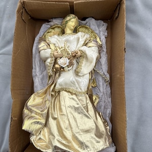 Ivory and Gold Angel Lighted Christmas Tree Topper Holding Harp