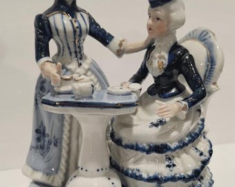 Blue White Porcelain Figurine - Colonial Lady Enjoying Tea