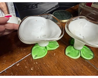 Vintage konstglas callalilja ljusstakar vit grön bladfot set om 2 4 tum