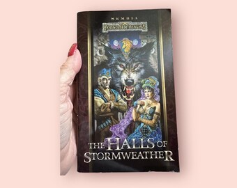 May include: A book cover with a dark background and a wolf, a man, and a woman. The title is "The Halls of Stormweather" and the book is part of the Forgotten Realms series.