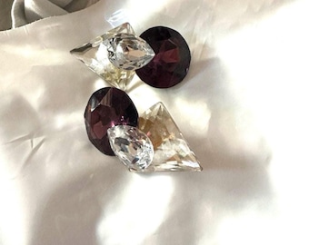 Orecchini vintage grandi con strass rosa/viola e trasparenti, 1980, simili a quelli di Wendy Gell