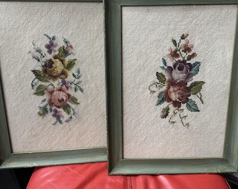 Antique/Vintage 2 Rose Framed Needlepoint Flowers Wood Backing