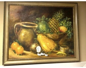 Pintura al óleo de frutas vintage, firmada, marco de madera dorado (71 x 86 cm)