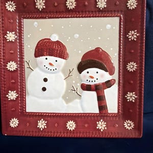 St. Nicholas Square Yuletide Snowmen Red Rim Embossed White Square Serving Plate