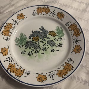 OPAQUE LUNEVILLE FRANCE Hand Painted Plate 9.25 In Vtg Bunny / Rabbit