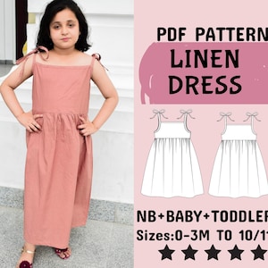 Girls Summer Dress Sewing Pattern Pdf, Kids Toddler Newborn Patterns, Sundress with Straps Sewing Patterns, Linen Dress,0-3M to 10-11Y Sizes