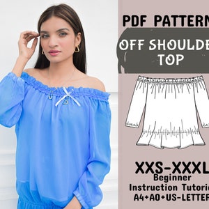 Patrón de costura de top con hombros descubiertos, top fruncido, patrón de manga larga, top con volantes, patrones de top corto en A4+A0+carta estadounidense+instrucción, XXS-XXXL