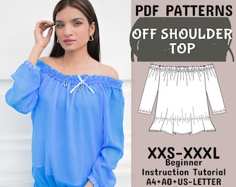Patrón de costura de top con hombros descubiertos, top fruncido, patrón de manga larga, top con volantes, patrones de top corto en A4+A0+carta estadounidense+instrucción, XXS-XXXL