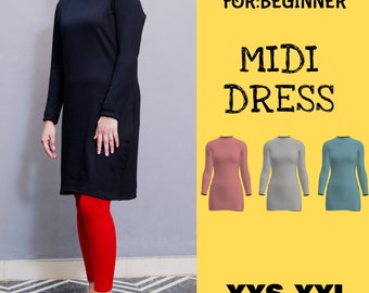 Mönster för midiklänning, långärmad dam, XXS-XXL (digitalt mönster)