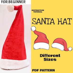 Op de afbeelding: Een rode kerstmanmuts met een witte bontkraag en een witte pompon bovenop. De muts wordt in verschillende maten getoond. De tekst "INSTRUCTION TUTORIAL" en "SANTA HAT" wordt in zwarte tekst op een gele achtergrond getoond. De tekst "Different Sizes" wordt in zwarte tekst op een witte achtergrond getoond. De tekst "PDF PATTERN" wordt in zwarte tekst op een gele achtergrond getoond.