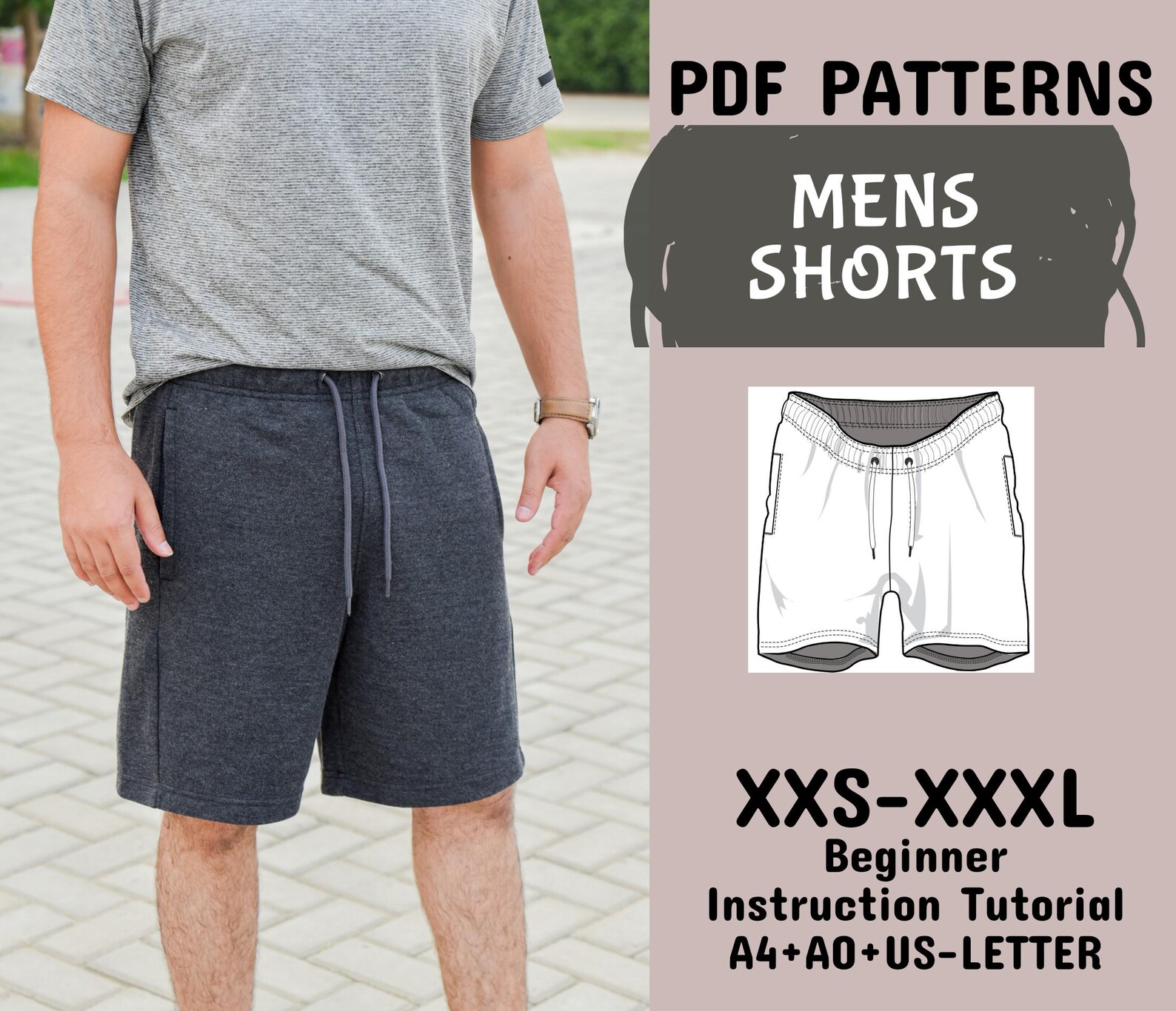 Mens Shorts Sewing Pattern, Mens Short Drawstring Waist, Men's Summer ...