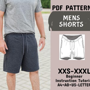 Mens Shorts Sewing Pattern, Mens Short Drawstring Waist, Men's Summer Shorts Elastic Waist pattern, in A4+A0+US Letter+ Instruction,XXS-XXXL