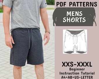 Mens Shorts Sewing Pattern, Mens Short Drawstring Waist, Men's Summer Shorts Elastic Waist pattern, in A4+A0+US Letter+ Instruction,XXS-XXXL