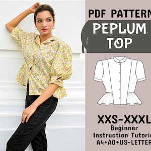 Top peplum com manga bufante, padrão de blusa feminina, padrão de blusa fácil, top com manga bufante, padrão de blusa de primavera em A4+A0+carta dos EUA+instruções, XXS-XXXL