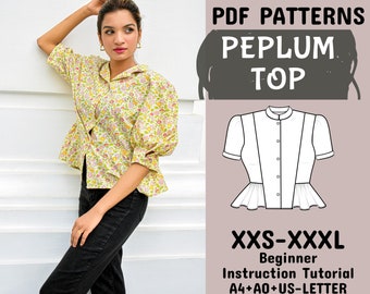 Puffed Sleeve Peplum Top, Women Top Pattern, Easy Blouse Pattern, Puff Sleeve Top,Spring Top Pattern in A4+A0+US Letter+Instruction,XXS-XXXL