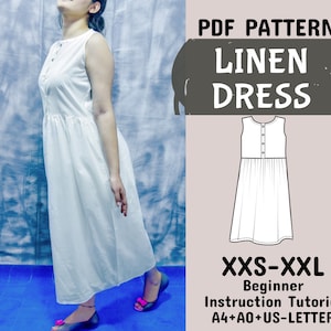 May include: PDF pattern for a linen dress. The pattern includes instructions for sizes XXS-XXL and is available in A4, A0, and US Letter sizes. The pattern is for a beginner sewer.