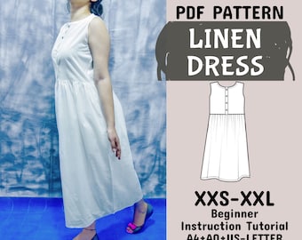 Linen Gathered Dress Pattern, Sleeveless Smock, XXS-XXL (PDF Pattern)