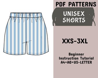 Easy Shorts Pattern, Elastic Short Trendy High Waisted, Unisex Short Nightwear Summer Shorts Pattern in A4+A0+US Letter+ Instruction,XXS-3XL