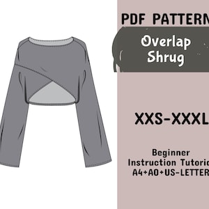 Op de afbeelding: Een grijs overlap-shrugpatroon met lange mouwen. De afbeelding bevat de tekst "PDF PATTERNS Overlap Shrug XXS-XXXL Beginner Instruction Tutorial A4+AO+US-LETTER". Het ontwerp heeft een unieke wikkelstijl.