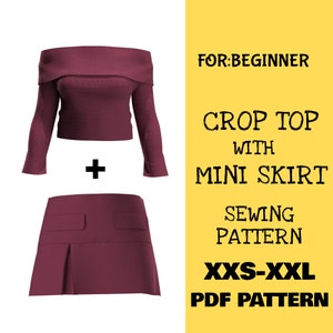 Crop Top and Mini Skirt Pattern, Off Shoulder Top with Pleated Pdf patterns, Mini Skirt XXS- XXL+ Easy Illustrated Tutorial +A4+US+A0, 2in1