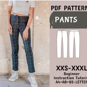 May include: PDF sewing pattern for pants in sizes XXS-XXXL. The pattern includes instructions and is available in A4, A0, and US Letter sizes.