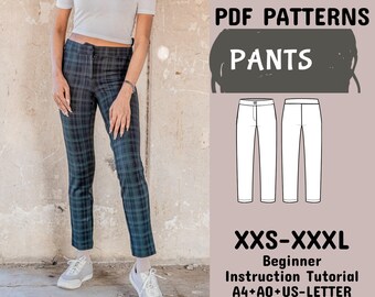 Patrón de costura de pantalones de mujer, patrón de pantalones, pantalones de moda, pantalones de tiro alto con pierna recta, pantalones de traje en A4 + A0 + carta estadounidense + instrucciones XXS-XXXL