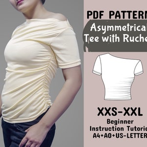 Op de afbeelding: PDF-naaipatroon voor een asymmetrisch shirt met gerimpelde details. Het patroon bevat instructies voor maten XXS-XXL en is verkrijgbaar in A4, A0 en US Letter formaten.