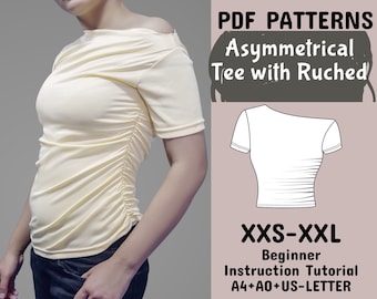 Womens T-Shirt Patterns, Crop Top Sewing Patterns, Asymmetrical Neck Ruched Side Top, Y2k Top Fitted Patterns, XXS–XXL + Sewing Instruction