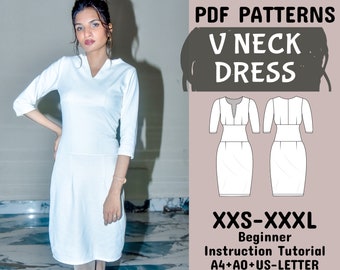 Dress Sewing Patterns, Womens Business Office Outfit, Midi Dress Sewing Pattern, Slim Fit Dress in A4+A0+US-Letter+ Instruction, XXS-XXXL