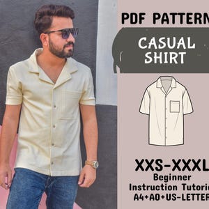 Patrón de costura de camisa para hombre, camisa abotonada, patrón de camisa de manga corta para hombre, camisa informal de corte relajado en A4 + A0 + carta de EE. UU. + instrucciones, XXS-XXXL