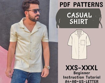 Mens Shirt Sewing Pattern, Button Down Shirt, Men Short Sleeve Shirt Pattern, Relax Fit Casual Shirt in A4+A0+Us Letter+instruction,XXS-XXXL