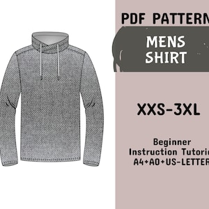 Mens Shirt Sewing Pattern, Overlap Neck Shirt, Man Classic Fit Sewing Pattern, Long Sleeve Pattern in A4+A0+US-Letter + Instruction, XXS-3XL