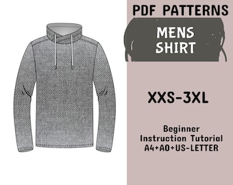 Mens Shirt Sewing Pattern, Overlap Neck Shirt, Man Classic Fit Sewing Pattern, Long Sleeve Pattern in A4+A0+US-Letter + Instruction, XXS-3XL