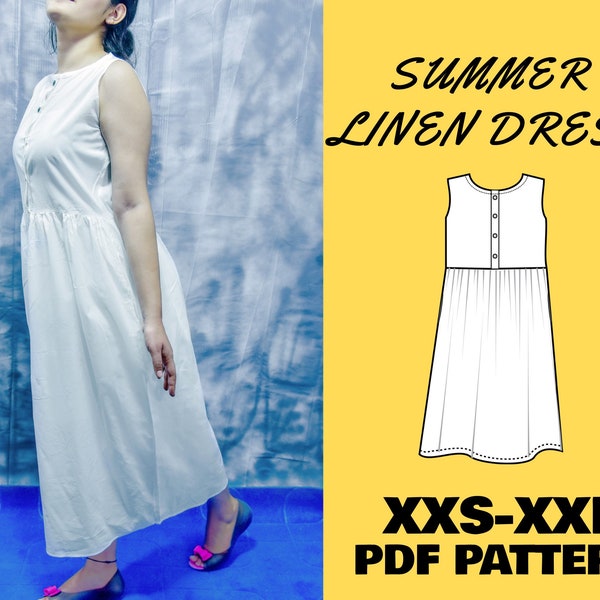 Summer Linen Dress, Long Linen Dress, Women Dress Pattern, Midi Dress Sewing Patterns with Pockets, Pdf Patterns XXS–XXL+Sewing Instruction