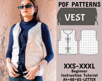 PDF-naaipatroon vest, patroon striksluiting voorkant, gewatteerde vest top dames patronen, crop top patronen in A4+A0+US Letter+instructie, XXS-3XL
