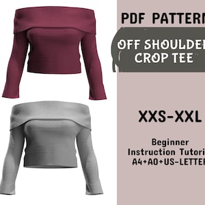 Patrones de top corto en PDF, top con hombros descubiertos, patrones de top de manga larga para mujer, patrón de costura de top de punto en A4+A0+carta estadounidense+instrucción, XXS-XXL