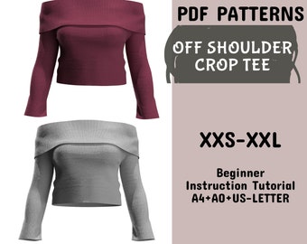 Off Shoulder Crop Top PDF Sewing Pattern, Long Sleeve, XXS-XXL