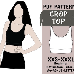 Patrón de costura de top corto para mujer, patrón de top corto para mujer para principiantes, patrón de sujetador deportivo en A4 + A0 + carta de EE. UU. + instrucciones, XXS-XXXL