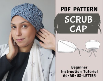 Patrón de gorro quirúrgico unisex, patrón de costura de gorro quirúrgico, gorro quirúrgico, gorro médico, patrones de gorro quirúrgico con lazo en la espalda en A4+A0+US-Letter + instrucciones