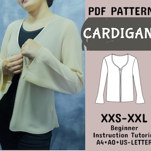 May include: PDF pattern for a cardigan with a zipper closure. The pattern includes instructions for sizes XXS-XXL and is available in A4, A0, and US Letter sizes. The pattern is for a beginner sewer.