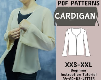 Patrones de costura de cárdigan de verano, Patrones de top para mujer, Patrón de costura de chaqueta de verano, Manga larga acampanada, XXS-XXL+Tutorial, Top para cubrir la playa