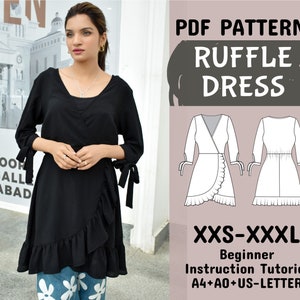 Ruffle Dress Sewing Pattern,V-Neck Wrap Dress with Flare, Womens Dress Pattern, Mini Dress Pattern in A4+A0+US-Letter+ Instruction, XXS-XXXL